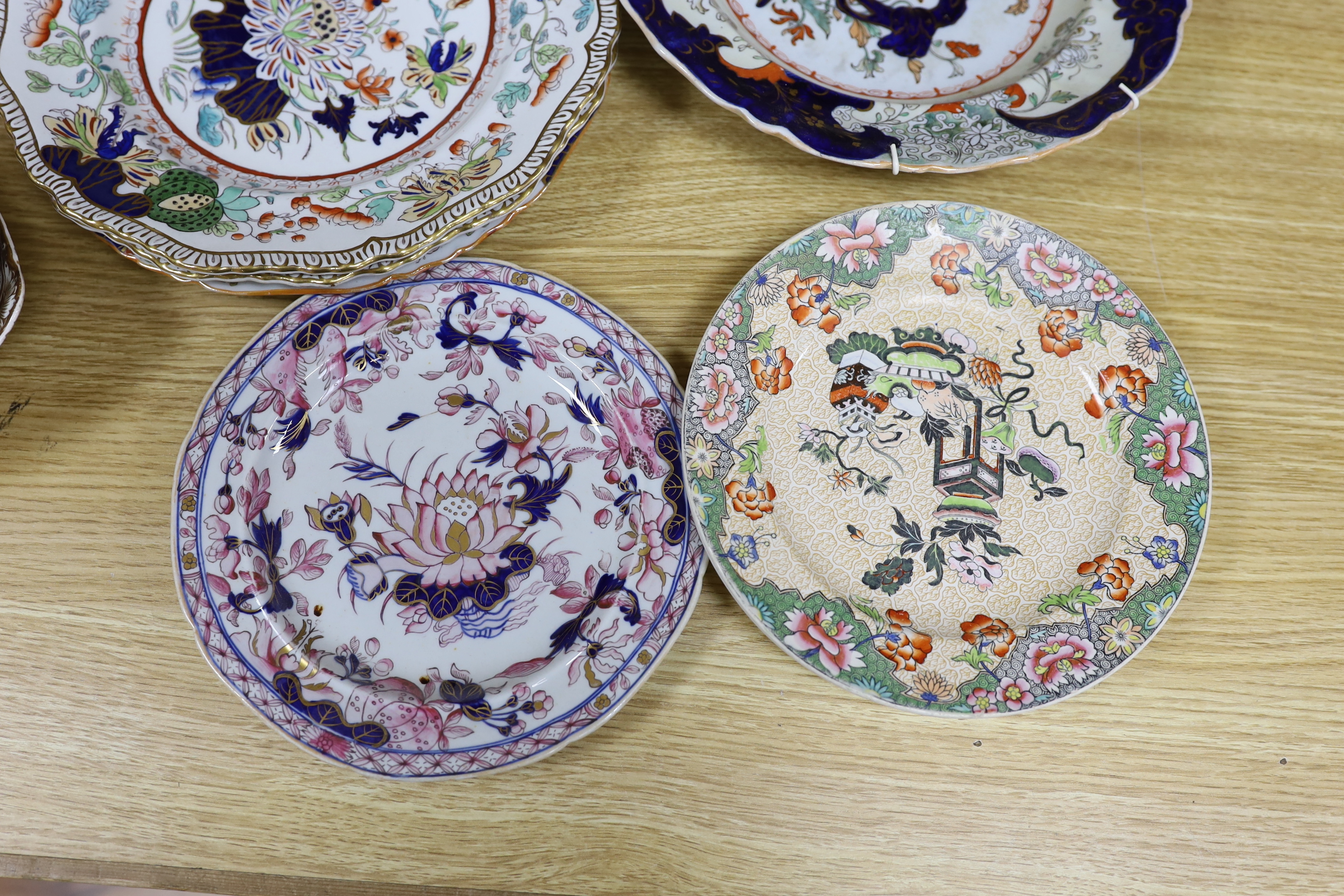 Twenty three mixed Spode, Masons and Ashworth Ironstone dishes, plates and a coffee can